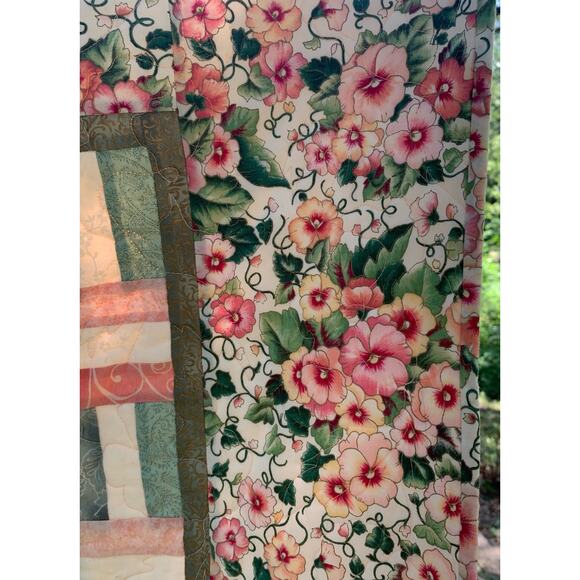 Handmade Quilted Throw Blanket Cotton Peach Color Floral Rail Fence Weave Design - Picture 11 of 14